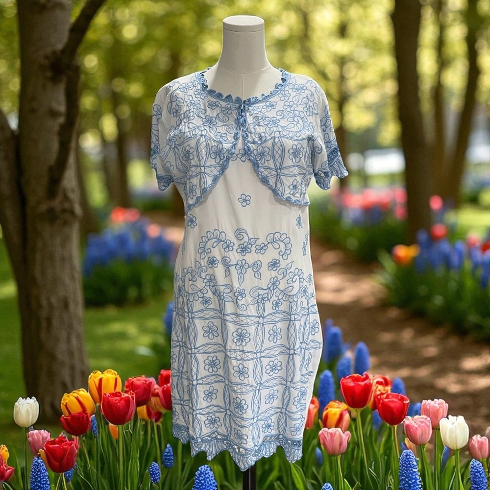 HiBis Embroidered Lace Dress Cottagecore Coquette Resort Boho‎ Summer White Blue